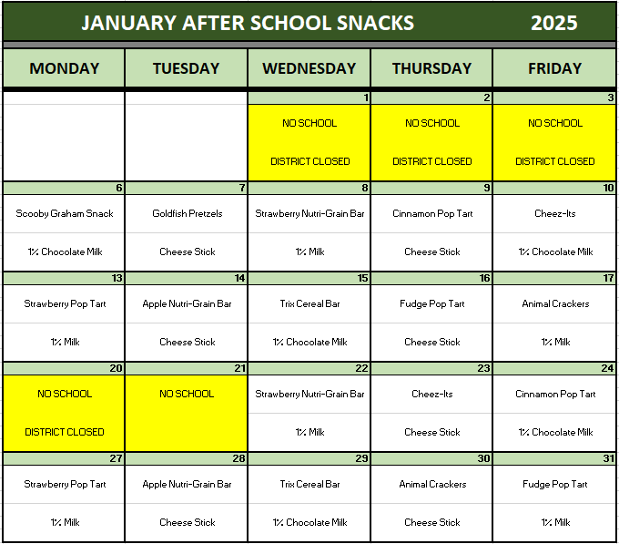 January 2025 After School Snack Program